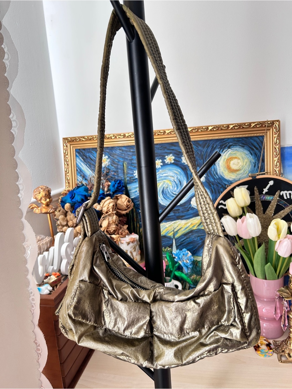 BAGGU Y2K Metallic Olive Green shoulder bag with buckle detail